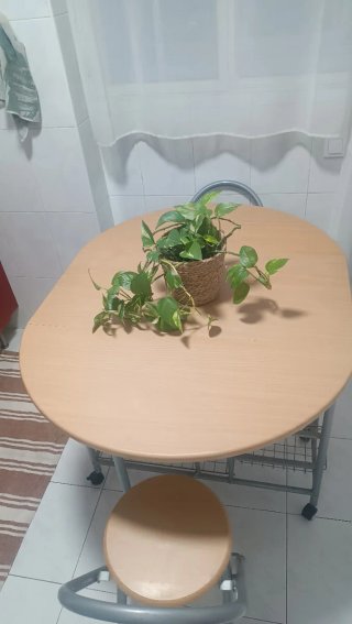 Mesa abatible y extensible. Ruedas y dos sillas.
