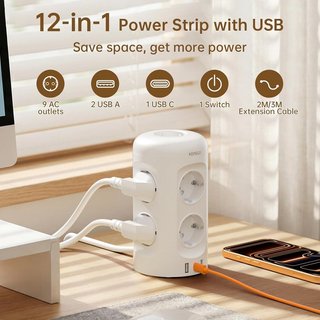 KEMELO Regleta Torre 12en1 9 Schuko 2 USB-A USB-C