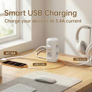 KEMELO Regleta Torre 12en1 9 Schuko 2 USB-A USB-C