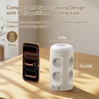 KEMELO Regleta Torre 12en1 9 Schuko 2 USB-A USB-C