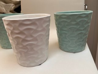 Lote 3 maceteros cerámica teal y blanco