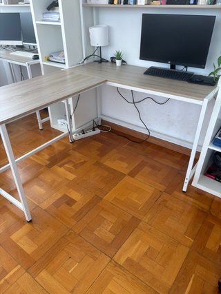 Mesa escritorio L madera y blanco