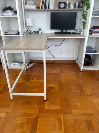 Mesa escritorio L madera y blanco