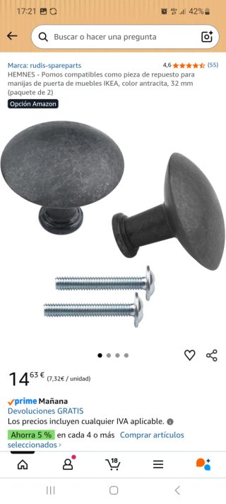 Tiradores Hemnes IKEA (2 unidades)acero ( llenos)