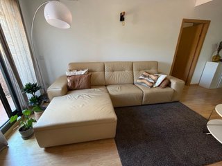 Sofá chaise longue piel beige 3 plazas