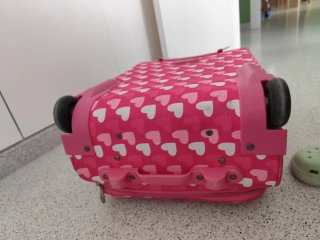 Maleta de viaje rosa con corazones
