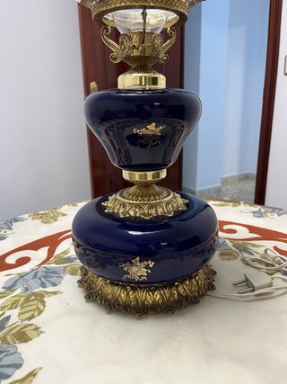 Lámpara Quinqué Antigua Cerámica y Cristal
