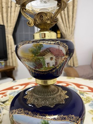 Lámpara Quinqué Antigua Cerámica y Cristal