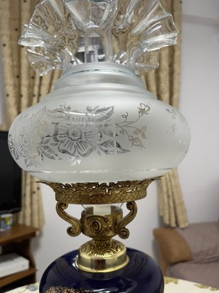 Lámpara Quinqué Antigua Cerámica y Cristal