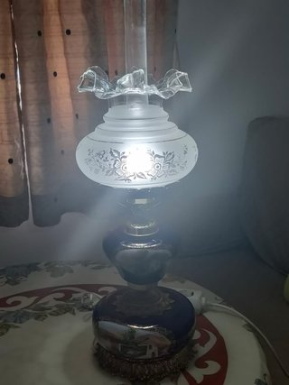 Lámpara Quinqué Antigua Cerámica y Cristal