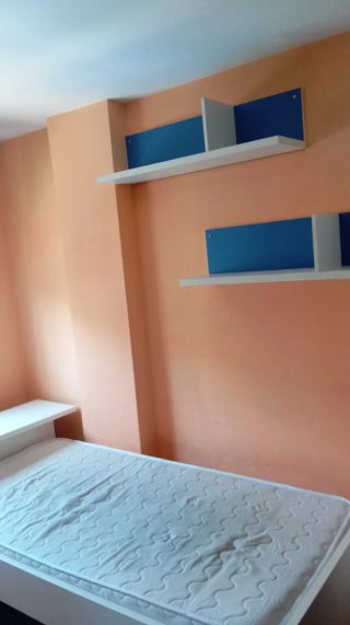 Doble cama, escrito, mueble y estantes de pared