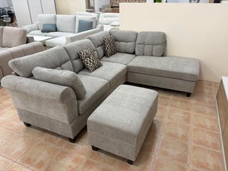 sofá rinconera modular + puff en gris antimanchas