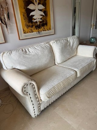 Sofá i sillón de tela beige y blanco ...