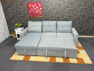 Sofá Cama Gris Tela y Terciopelo Beige