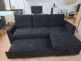 Sofá Cama Gris Tela y Terciopelo Beige