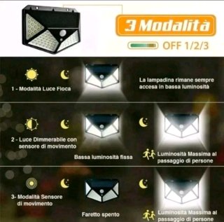 6 Faretti Solare 100 Led Esterno Sensore Movimento
