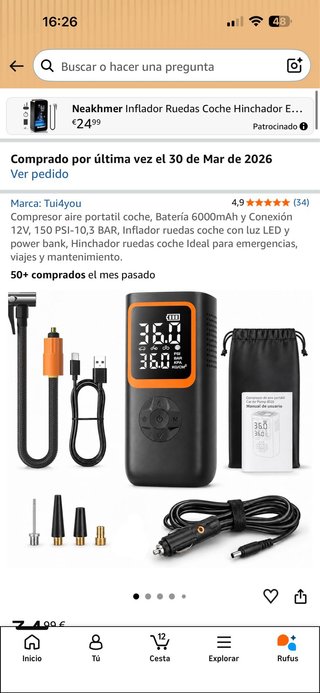 Inflador Coche/Moto/Bici Batería 6000 mAh