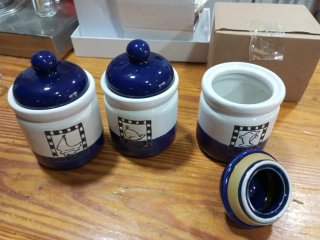 Set 3 Tarros Cerámica Azul Blanco Animales