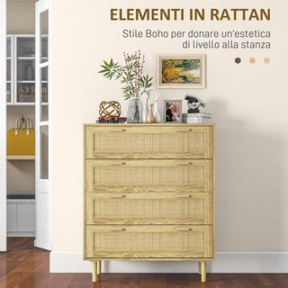 Cómoda de 4 Cajones Estilo Boho, Comó de Madera y Ratán para Dormitorio y Entrada, 90X45X108.5Cm, Roble