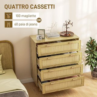 Cómoda de 4 Cajones Estilo Boho, Comó de Madera y Ratán para Dormitorio y Entrada, 90X45X108.5Cm, Roble