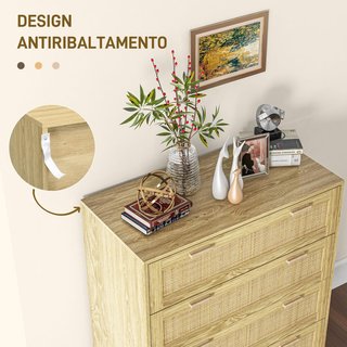 Cómoda de 4 Cajones Estilo Boho, Comó de Madera y Ratán para Dormitorio y Entrada, 90X45X108.5Cm, Roble