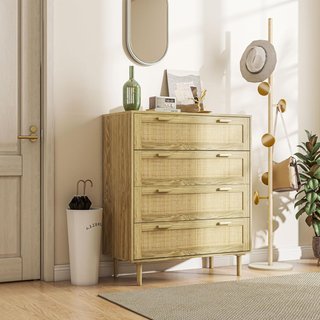 Cómoda de 4 Cajones Estilo Boho, Comó de Madera y Ratán para Dormitorio y Entrada, 90X45X108.5Cm, Roble