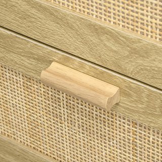 Cómoda de 4 Cajones Estilo Boho, Comó de Madera y Ratán para Dormitorio y Entrada, 90X45X108.5Cm, Roble