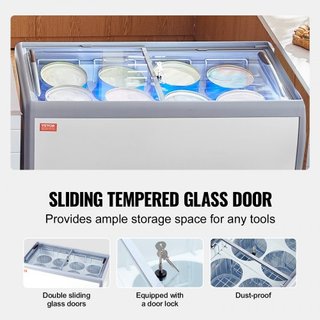 Vitrina de Helados Comercial, Congelador de Cofre de 370 L, Congelador Profundo de Cristal Móvil, Gabinete de Dipping de Gelato para Restaurante con 8 Grandes Tinas, 2 Puertas de Cristal Deslizant...