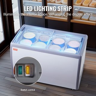Vitrina de Helados Comercial, Congelador de Cofre de 370 L, Congelador Profundo de Cristal Móvil, Gabinete de Dipping de Gelato para Restaurante con 8 Grandes Tinas, 2 Puertas de Cristal Deslizant...