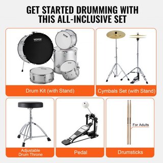 Juego de Batería para Adultos, 5 Piezas, Kit de Batería Completo de 22 Pulgadas con Bombo, Toms, Caja, Batería de Piso, Silla Ajustable, Soportes, Platillo, Pedal de Hi-Hat y Baquetas, Kit de Bate...