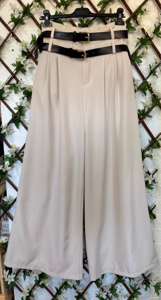 Pantalón Palazzo Beige Doble Cinturón Negro