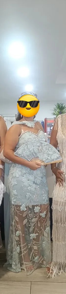 Vestido de fiesta gitana azul y plateado