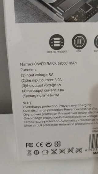 Power Bank Zhong Ou 58000 mAh Nuovo Sigillato