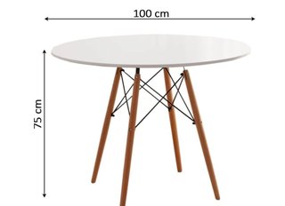 Mesa redonda blanca con 4 sillas negras