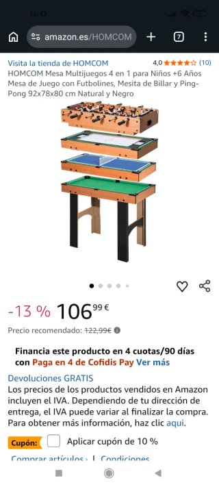 Mesa Multijuegos 4 en 1: Futbolín, Billar, ...