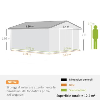 Caseta De Jardín 12.4M² Con Fundación, 4 Salidas De Aire Y 2 Puertas Correderas, Cobertizo Para Herramientas De Chapa De Acero, 340X386X200 Cm, Gris Claro