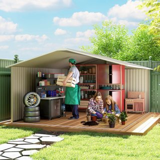 Caseta De Jardín 12.4M² Con Fundación, 4 Salidas De Aire Y 2 Puertas Correderas, Cobertizo Para Herramientas De Chapa De Acero, 340X386X200 Cm, Gris Claro