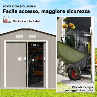 Caseta De Jardín 12.4M² Con Fundación, 4 Salidas De Aire Y 2 Puertas Correderas, Cobertizo Para Herramientas De Chapa De Acero, 340X386X200 Cm, Gris Claro