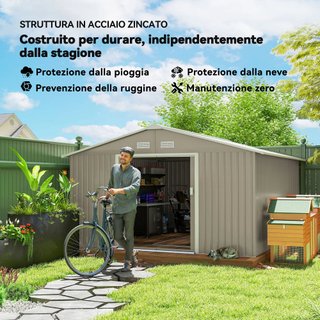 Caseta De Jardín 12.4M² Con Fundación, 4 Salidas De Aire Y 2 Puertas Correderas, Cobertizo Para Herramientas De Chapa De Acero, 340X386X200 Cm, Gris Claro