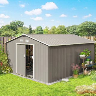 Caseta De Jardín 12.4M² Con Fundación, 4 Salidas De Aire Y 2 Puertas Correderas, Cobertizo Para Herramientas De Chapa De Acero, 340X386X200 Cm, Gris Claro