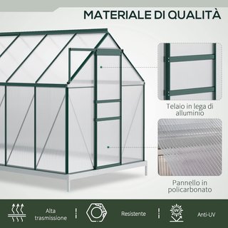 Invernadero de Jardín de Policarbonato 190X375X199Cm, Con Ventana Abatible y Puerta Corredera, Estructura de Aluminio, Verde