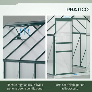 Invernadero de Jardín de Policarbonato 190X375X199Cm, Con Ventana Abatible y Puerta Corredera, Estructura de Aluminio, Verde