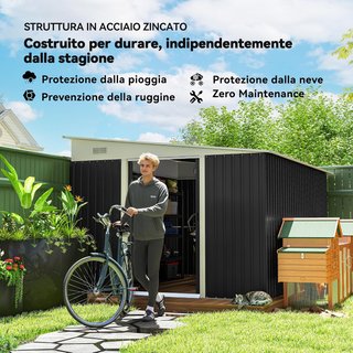 Caseta De Jardín 8.9M² en Acero Galvanizado Con 2 Ventilaciones, Cobertizo Para Herramientas Con Techo Inclinado, Doble Puertas Correderas Bloqueables Y Guantes, 280X345X169/201Cm, Negro