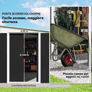Caseta De Jardín 8.9M² en Acero Galvanizado Con 2 Ventilaciones, Cobertizo Para Herramientas Con Techo Inclinado, Doble Puertas Correderas Bloqueables Y Guantes, 280X345X169/201Cm, Negro