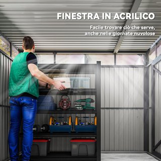 Caseta De Jardín 4M² De Acero Galvanizado Con Orificios De Drenaje Y Ventanas Transparentes De Acrílico, Cobertizo Para Herramientas Con Techo, Puerta Bloqueable Con Llaves Y Guantes, Gris Oscuro