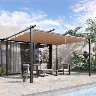 Gazebo Pergola De Jardín 3X4M Con Techo Deslizante de Poliéster y Estructura de Aluminio, Gris y Marrón
