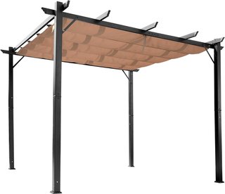 Gazebo Pergola De Jardín 3X4M Con Techo Deslizante de Poliéster y Estructura de Aluminio, Gris y Marrón