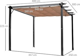 Gazebo Pergola De Jardín 3X4M Con Techo Deslizante de Poliéster y Estructura de Aluminio, Gris y Marrón