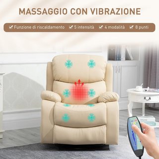 Poltrona Relax Massaggiante con Reclinazione Regolabile e 8 Punti Vibranti e Riscaldanti, Poltrona Elettrica Girevole a 360° con Telecomando, in Pelle Sintetica e Acciaio, Beige