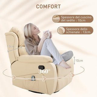 Poltrona Relax Massaggiante con Reclinazione Regolabile e 8 Punti Vibranti e Riscaldanti, Poltrona Elettrica Girevole a 360° con Telecomando, in Pelle Sintetica e Acciaio, Beige
